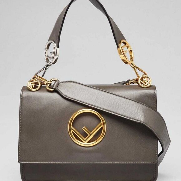 Fendi Grey Leather Kan I F Logo Shoulder Bag - Picture 1 of 12